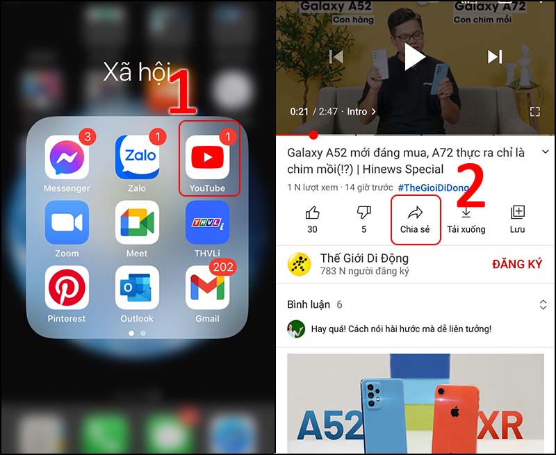 Vào ứng dụng Youtube > Chọn video cần xem > Chọn Chia sẻ.