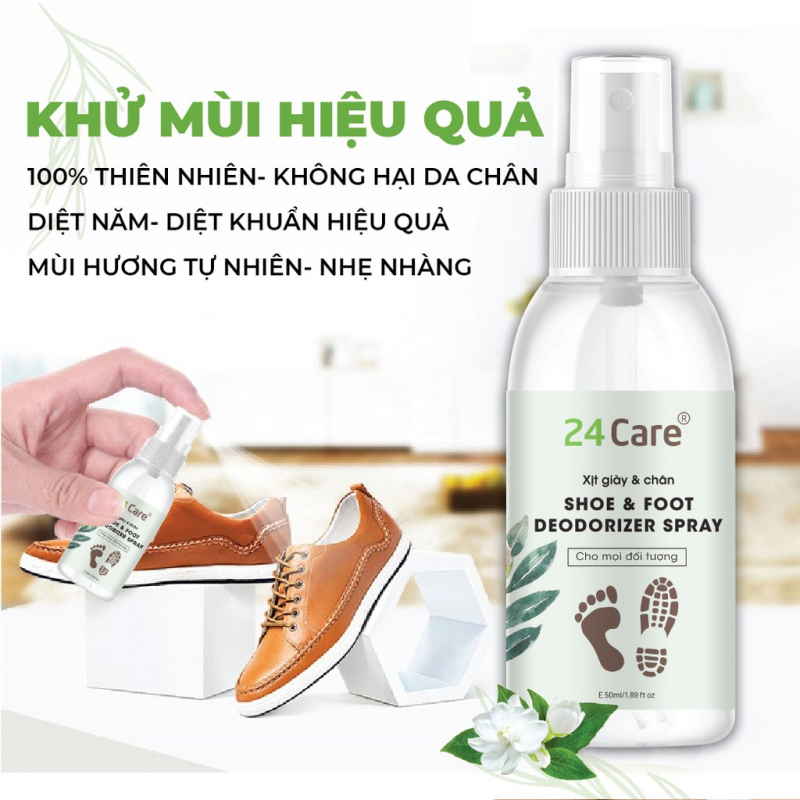 Chai xịt lưu hương, khử mùi giày, sạch khuẩn chiết xuất thảo mộc 24Care 50ml