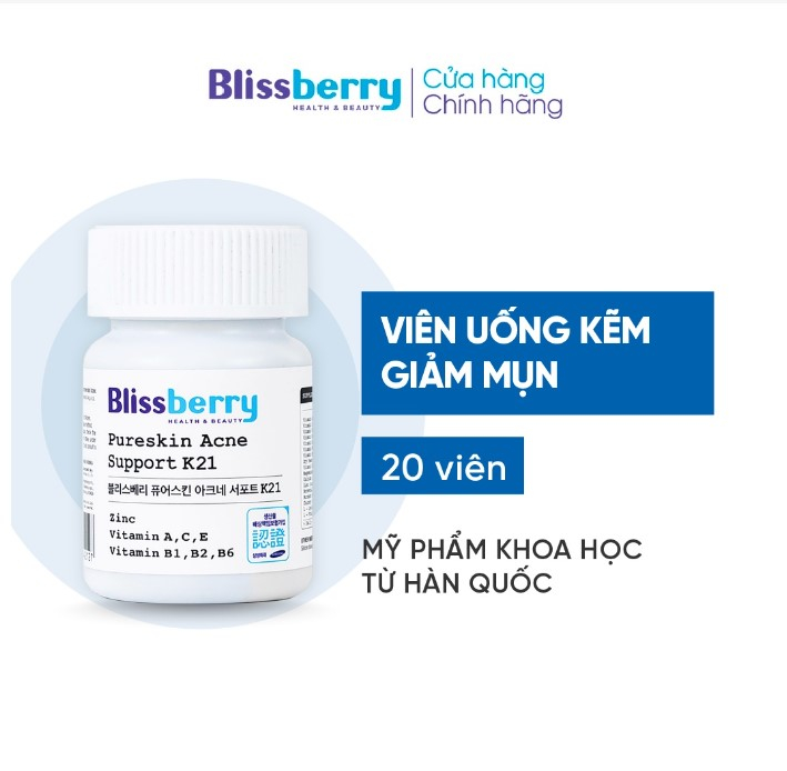 Viên uống giảm mụn Blissberry Pureskin Acne Support K21