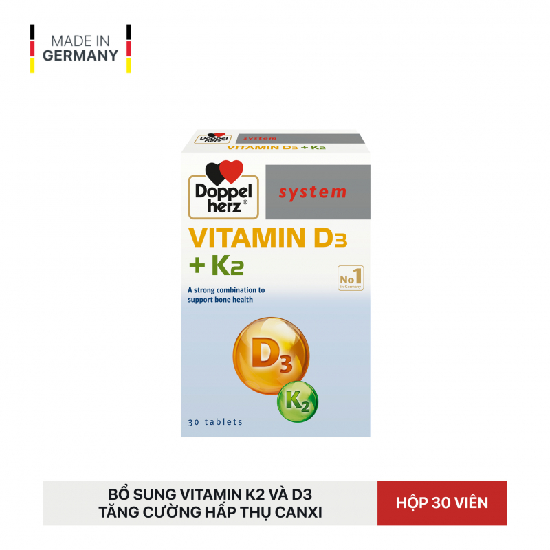 Viên uống tăng cường hấp thu Canxi, giảm nguy cơ loãng xương Doppelherz Vitamin D3 + K2 (Hộp 30 viên)